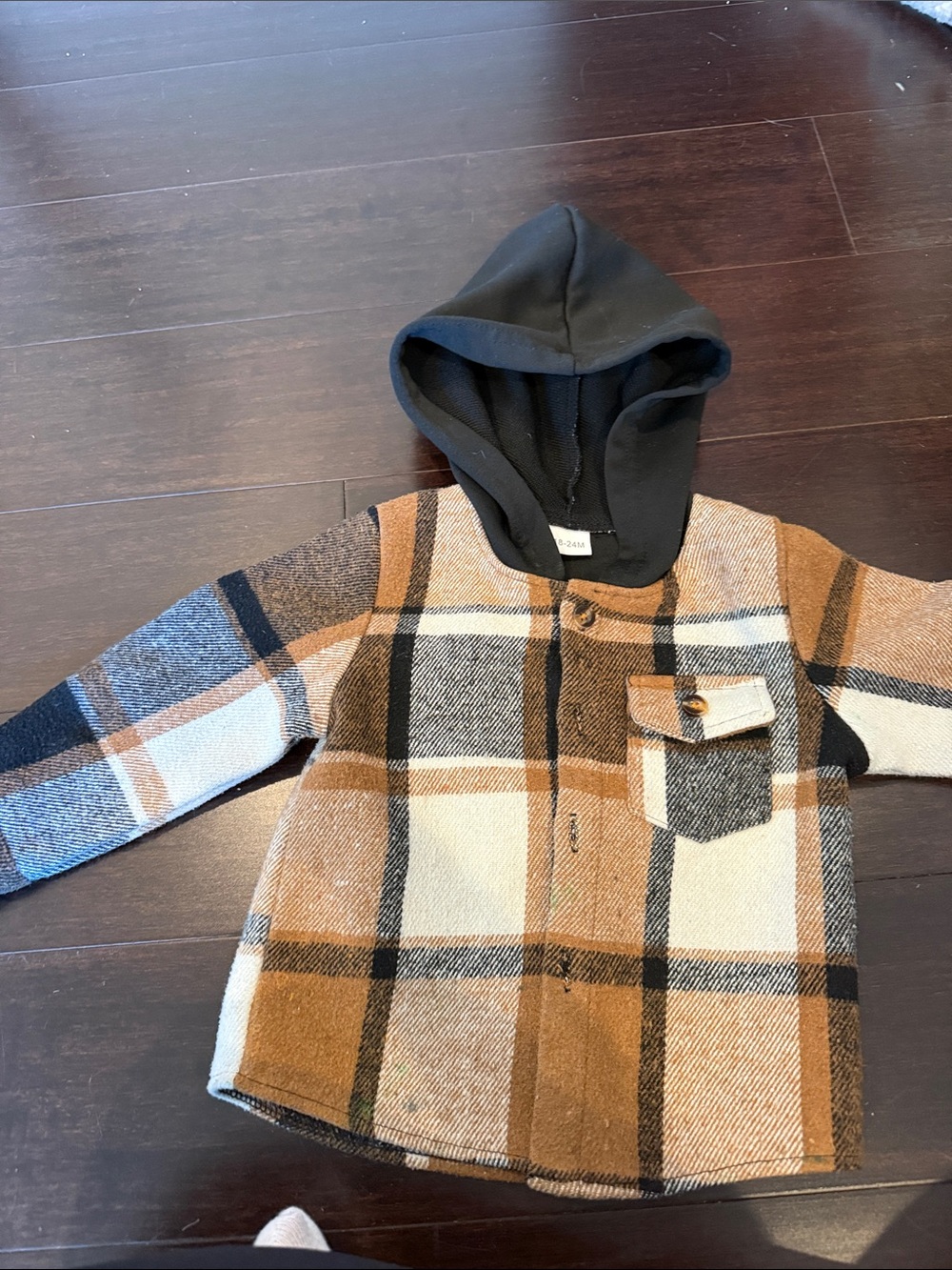 Kids Plaid Hooded Shirt Jacket in Brown and Black